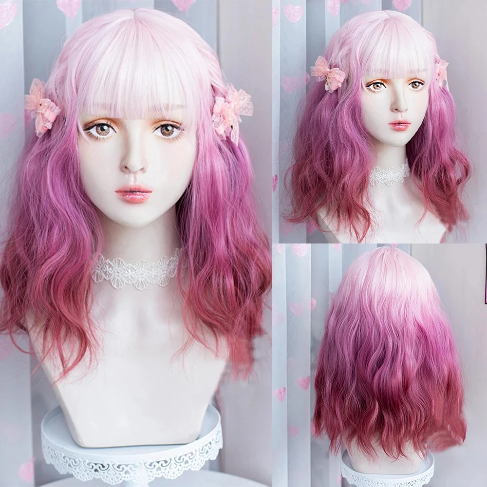 

Synthetic Long Ombre Wavy Curly Pink Purple Gradient Wigs with Bangs Fluffy Women Lolita Cosplay Hair Wig for Daily Party