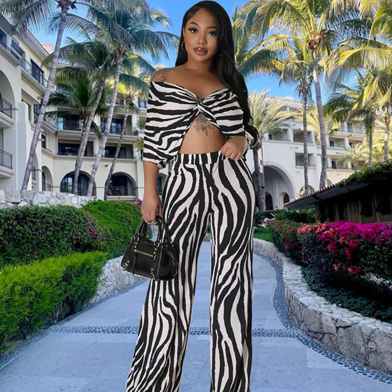 

Zebra Stripes Print Pant Sets Womens 2 Piece Outfits Slash Neck Draped Batwing Sleeve Crop Top and Wide Leg Pants Matching Sets