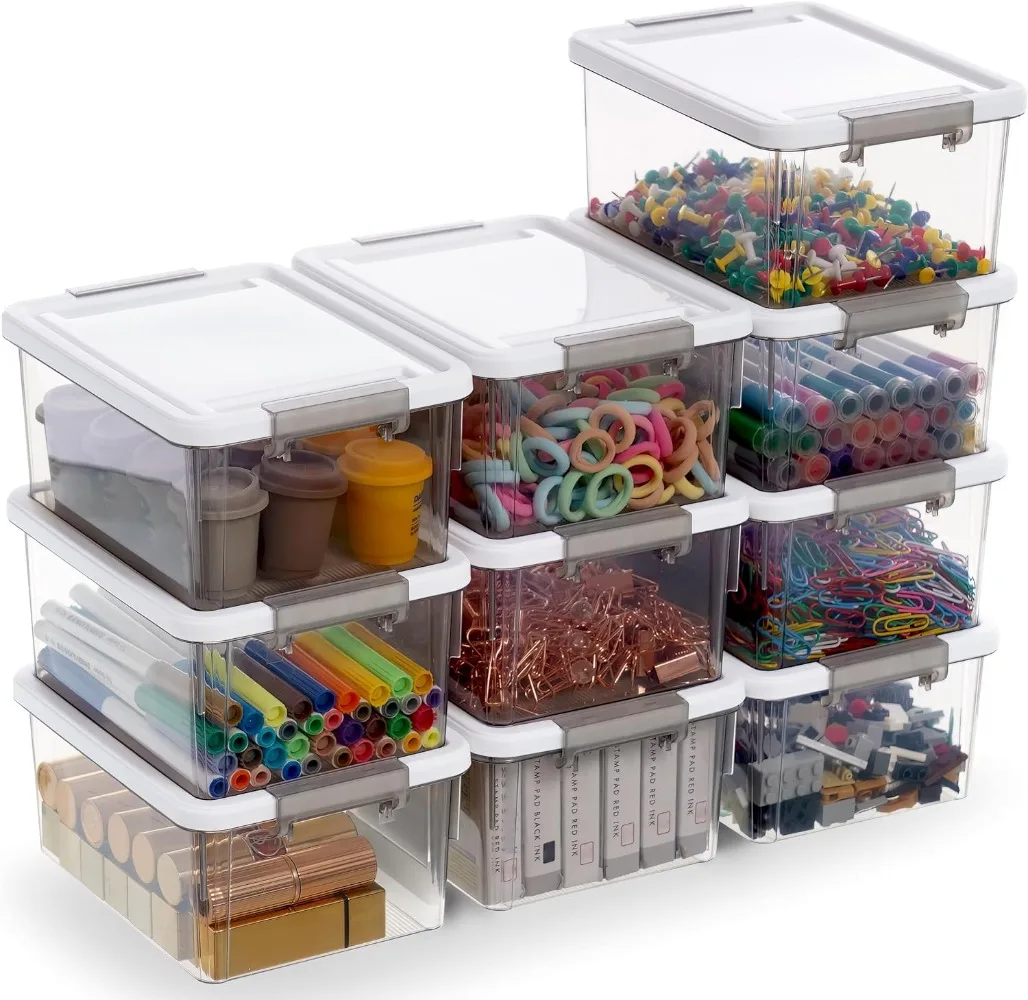 

Citylife 1.3 QT 10 Pack Small Storage Bins Plastic Storage Container Stackable Box with Lids for Organizing, Clear Grey