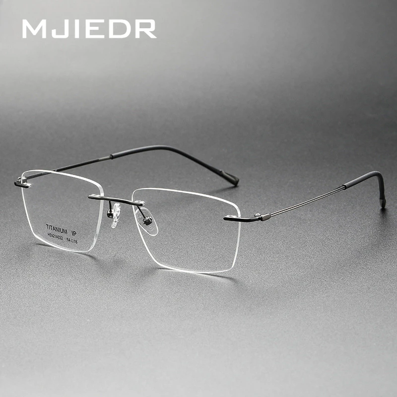 

MJIEDR Men Rimless Glasses Lightweight Myopia Eyeweaar Pure Titanium Square Optical Prescription Eyeglasses Frame Gray