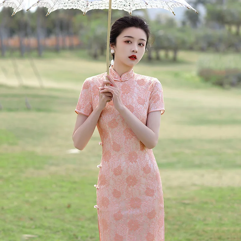 

Yourqipao Summer Composite Lace Long Cheongsam Banquet Performance Improved Daily Qipao Chinese Style Evening Dress for Women