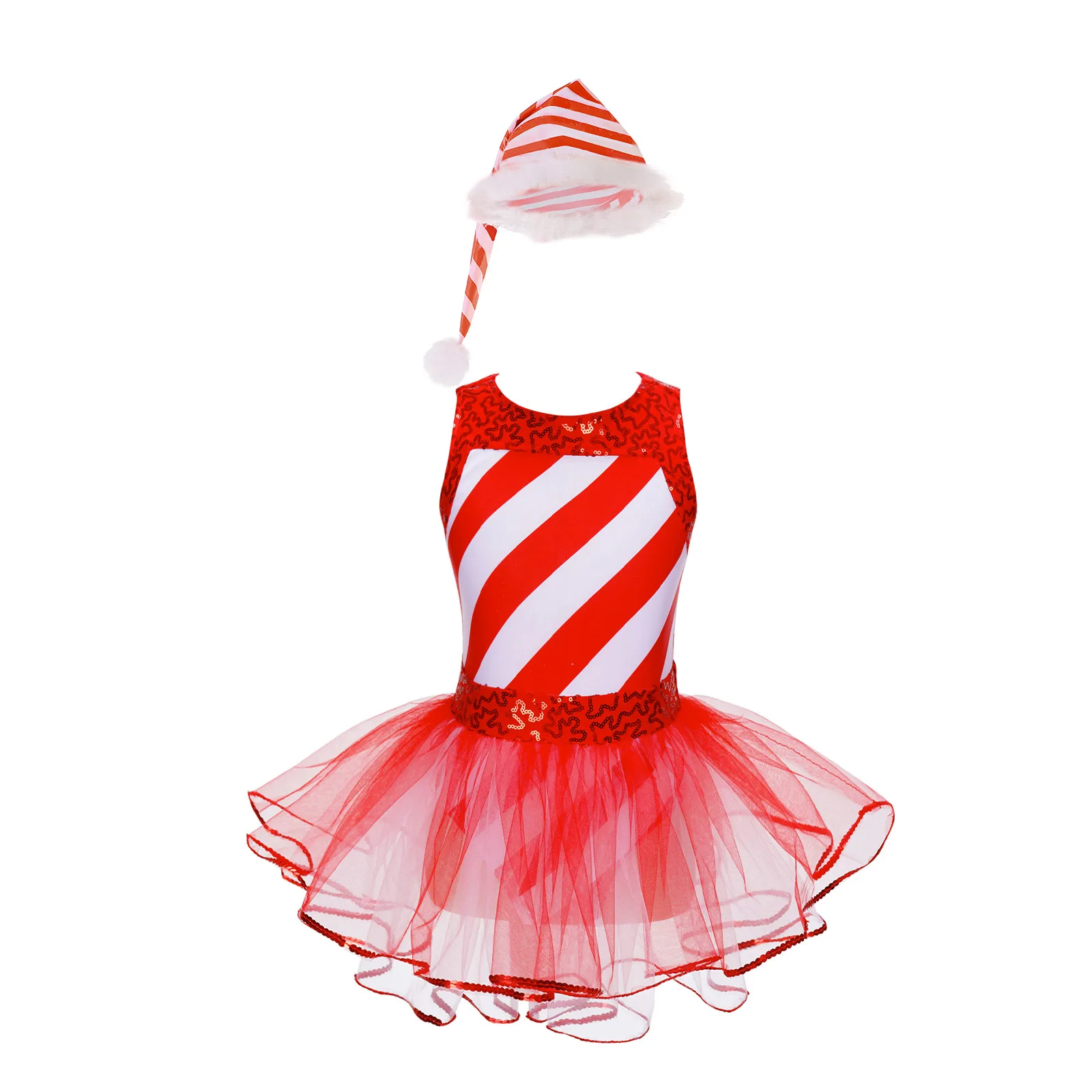 

Kids Girls Stripe Candy Cane Christmas Costume Pageant Party Fluffy Ballet Dance Figure Ice Skating Tutu Dress Leotard Dancewear