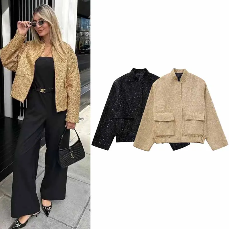 

TRAF Sequin Bomber Jacket Cropped Women's New In Outwear Long Sleeve Top Chic And Elegant Jacket Women's Demi-Season Coat