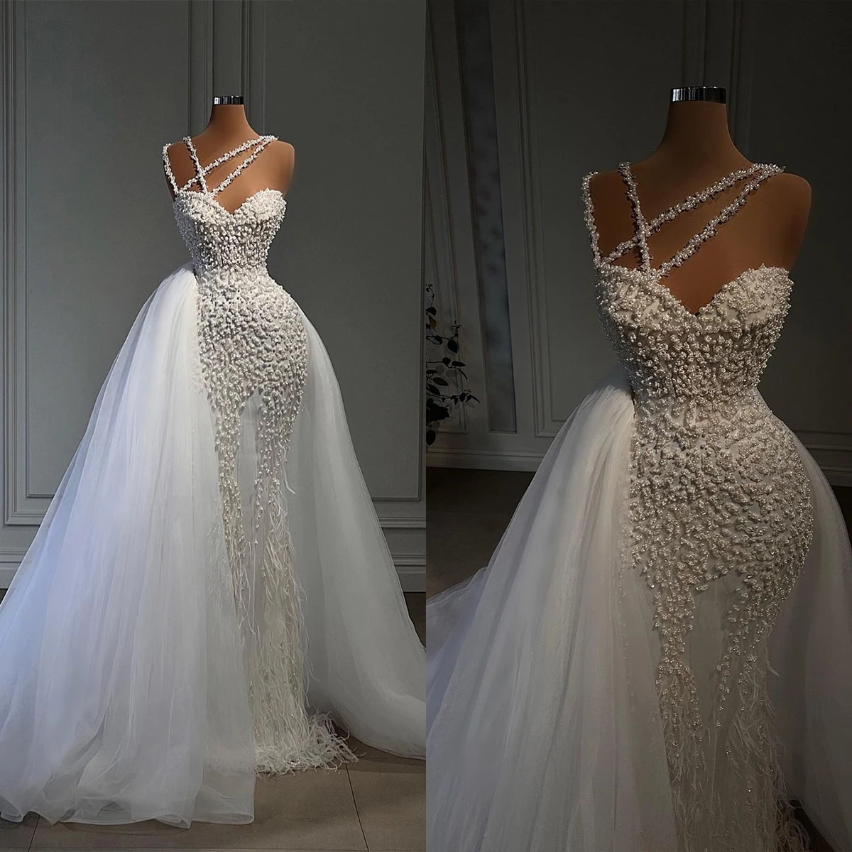 Graceful One Shoulder Appliques Feather Mermaid Wedding Dress with Detachable Train Sleeveless Vestido De Novia 2024
Graceful One Shoulder Appliques Feather Mermaid Wedding Dress with Detachable Train Sleeveless Vestido De Novia 2024