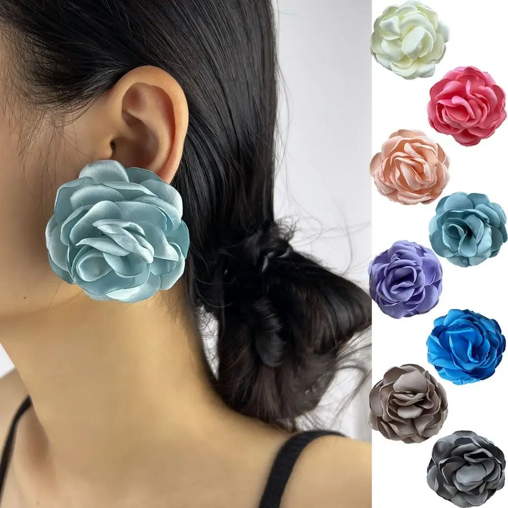 

Vintage Camellia Fabric Earrings 5cm Sweet Exquisite Big Flower Stud Earrings Elegant Three-dimensional Flowers Ear Studs Women