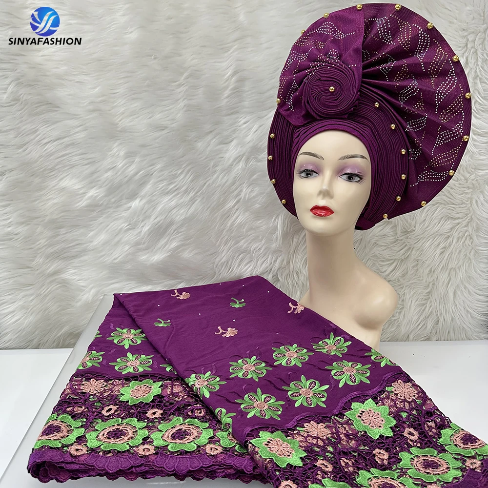 

Sinya Luxury Heavy Guipure Cord Lace And African Cotton Dry Swiss Voile Lace Fabric With Stones Match Auto Gele Headtie Turban