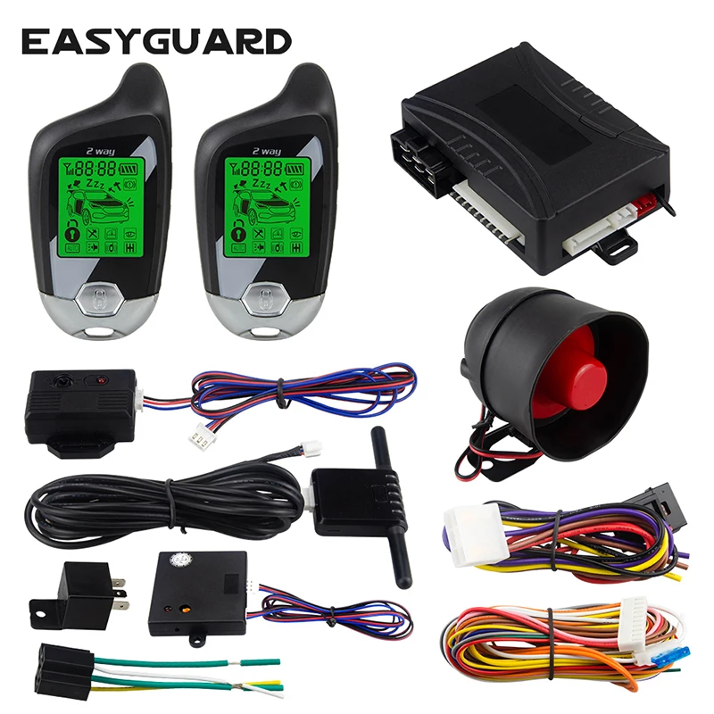 

EASYGUARD 2 Way Car Alarm System remote auto Start LCD Pager Display vibration alarm universal DC12V microwave/shock sensor warn