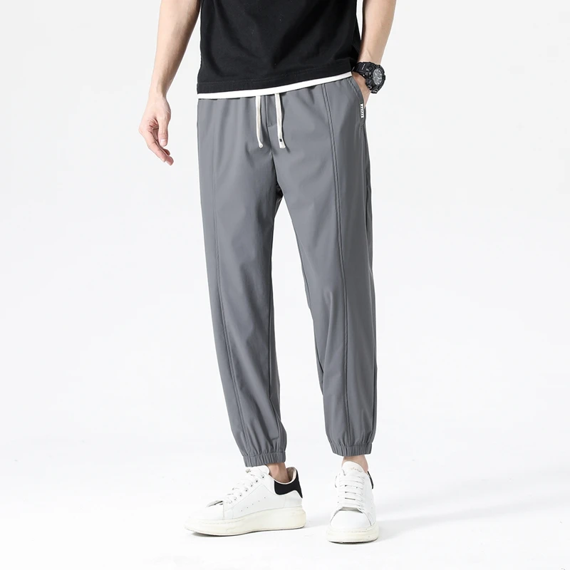 

Stylish Men Black Khaki Gray Pants Breathable Cool Fabric Drawstring Elastic Waist Trousers Male Spring Summer Clothings 2024