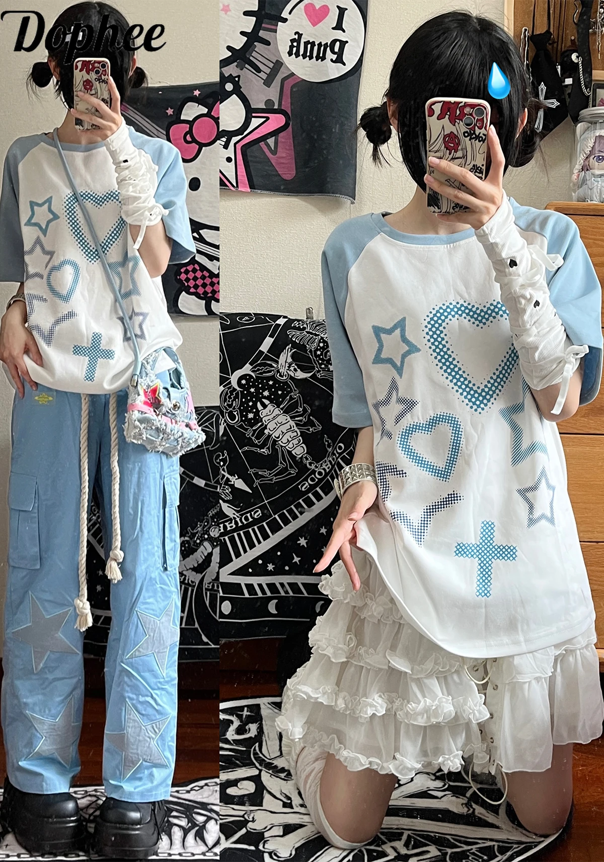 

Dophee Original Summer Women Tshirts Cross Love Y2k Subculture Colorblock Short Sleeve Tees Spice Girls Harajuku Cotton Tops
