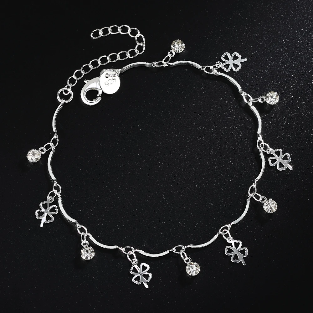 

Hot Pretty 925 Sterling Silver lucky clover leaf zircon Chain Bracelet for Women Fashion Wedding Party Holiday gift fine Jewelry