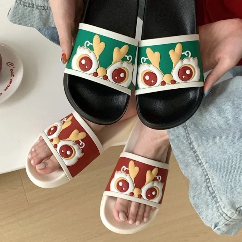 

AllSeason Women Men Casual Simple Indoor Outside Home Slippers Non-Slip Super Soft Couples Bottom Waking Lion Retro Red Chinese