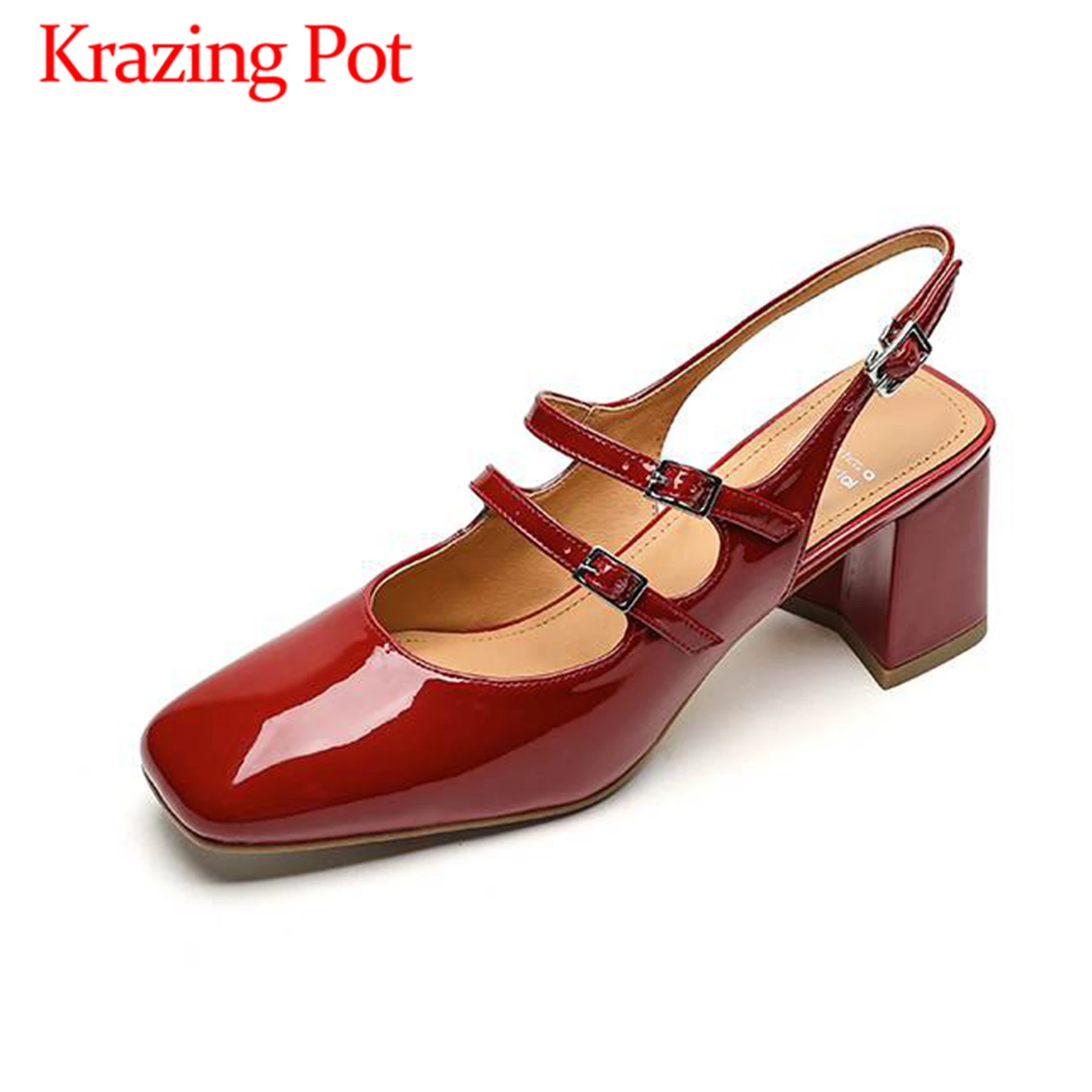 

Krazing Pot Cow Leather Chunky Heels Summer Square Toe Mary Janes Daily Wear Slingback Wedding Princess Style Fairy Women Pumps