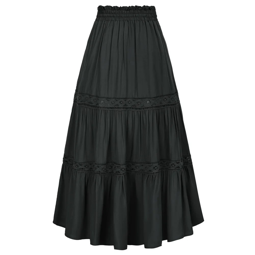 

SD Women Tiered Swing Skirt Renaissance Elastic Drawstring Waist Flared A-Line Maxi Skirt Steampunk High Waist Fashion Skirts