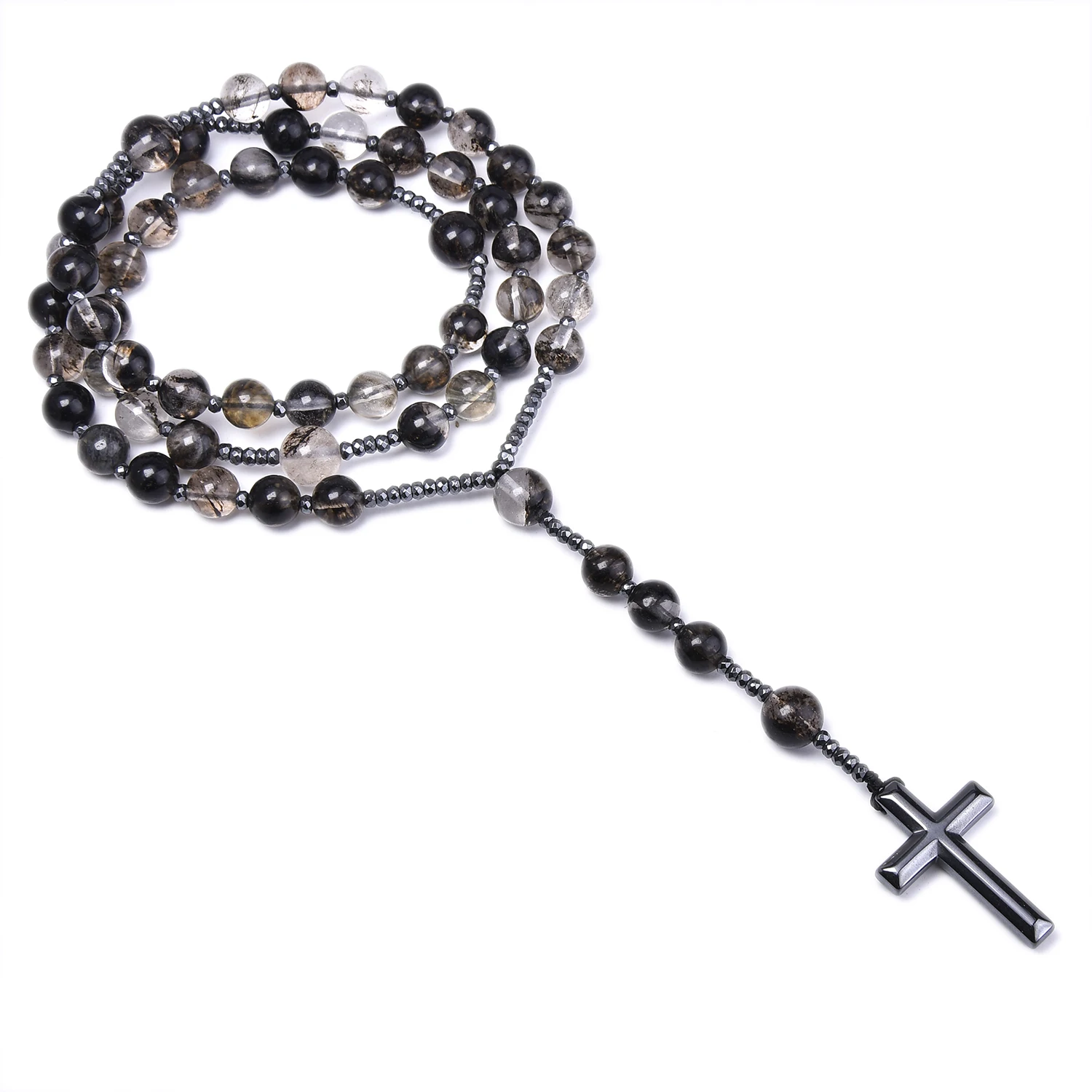 

Ожерелье из натурального черного и белого кварца с Католическим Христовым розам, ожерелье с подвеской из гематита и Креста, Женские Ювелирные изделия