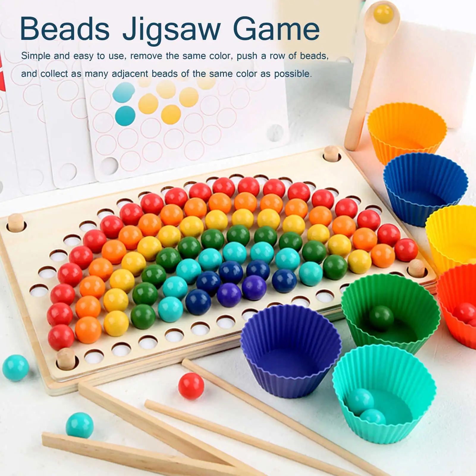 

Rainbow Wooden Clip Go Game Set Dot Bead Board Game Toy Rainbow Clip Bead Hand-Eye Coordination Montessori Educational Toys
