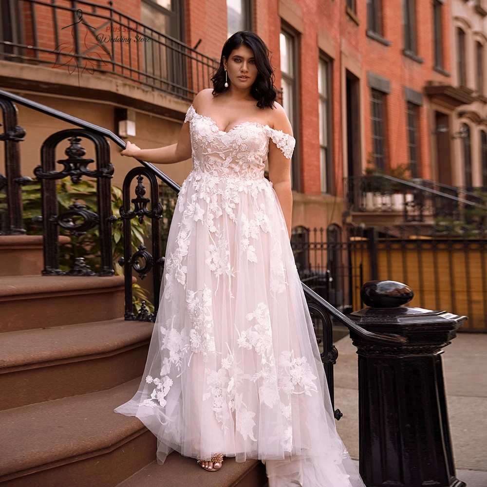 

Classic Off Shoulder Wedding Dresses Plus Size Sweetheart Neck Bride Gowns Appliques Sweep Train A-Line Tulle Vestido De Noiva