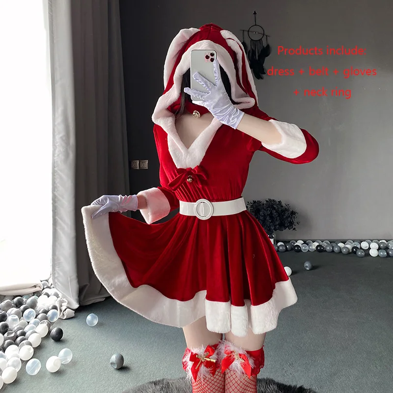 

New Christmas Carnival Family Party Cosplay Female Santa Costume V-neck Hooded Belted Maid Dress Bow Lolita Bunny Girl Uniform