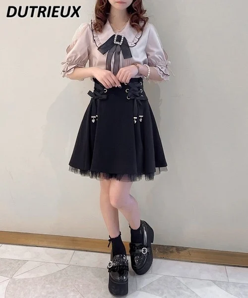 

Japanese Rojita Skirt Mine Tied Heart-Shaped Pendant Hem Thin Fabric A- Line Skirts 2024 Spring Summer New Lolita Skirt Faldas
