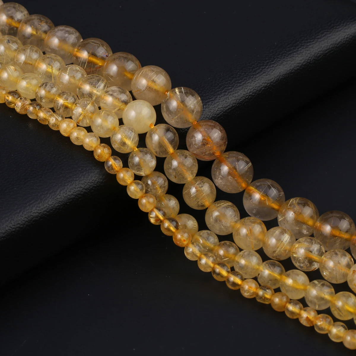 

Natural Stone Beads Round Shape Yellow Rutilated Quartz Gemstone Loose Beaded Jewelry Making DIY Necklaces Bracelet Accessories