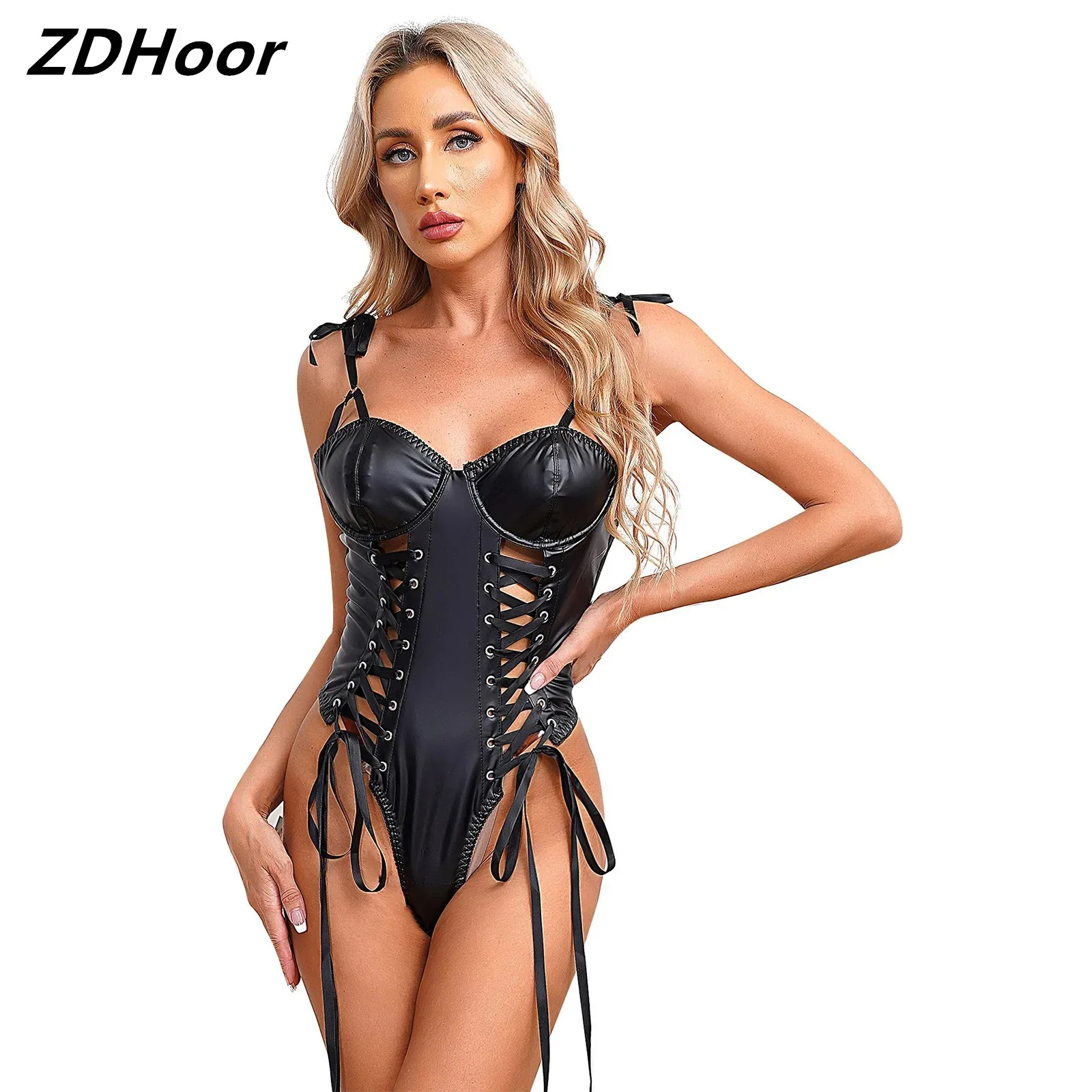 

Womens Hollow Out Crisscross Lace-up Bodysuit High Cut PU Leather Catsuit Sheer Mesh Patchwork Back Leotard Clubwear