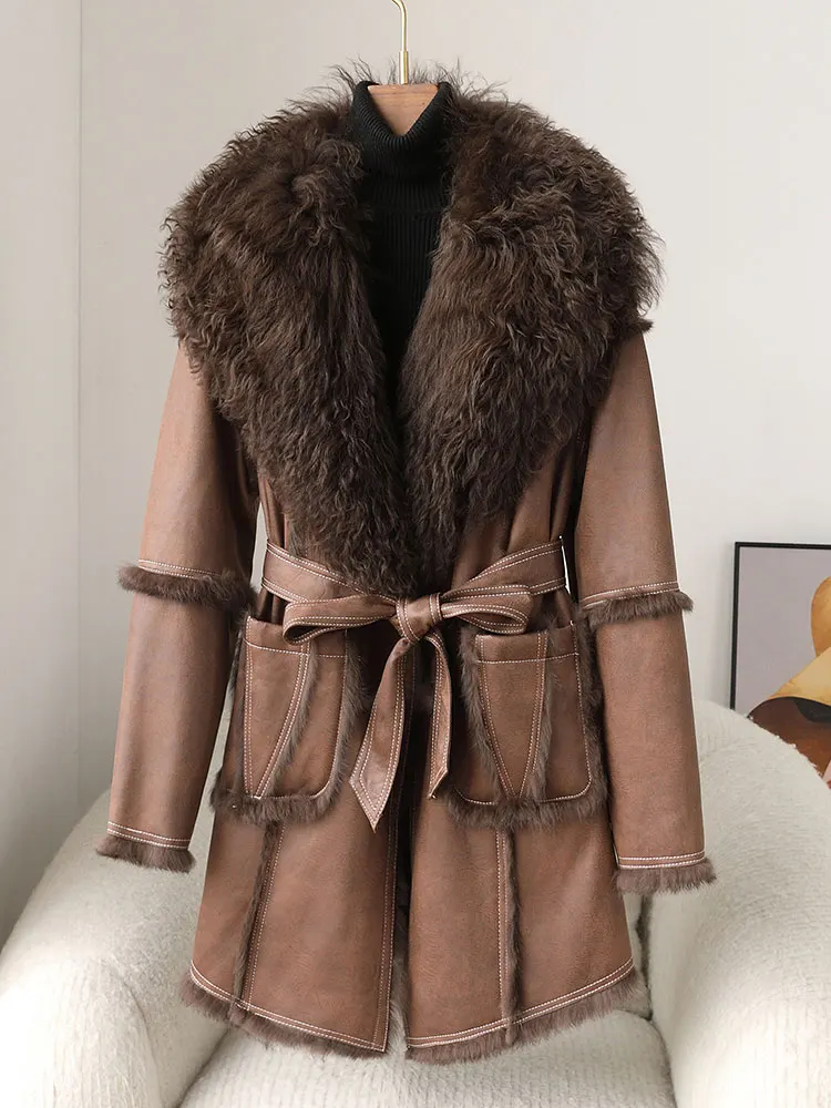 

Whole skin rabbit fur integrated coat for women with sheep curled collar 2023 new winter young rabbit fur coat medium length