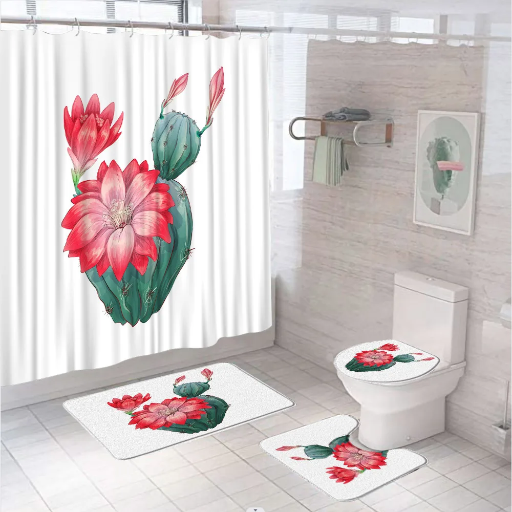 

Tropical Plant Pink Floral Succulents Shower Curtain Set Cactus Flower Bathroom Screen With Bath Mat Toilet Lid Cover Carpet Rug