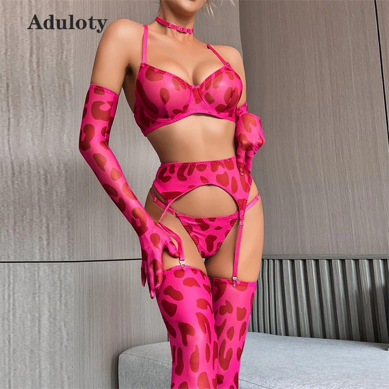 

Aduloty Women Sexy Polka Dot Underwear Summer Thin Mesh Perspective Erotic Lingerie Leopard Underwire Bra Gloves Leg Socks Set