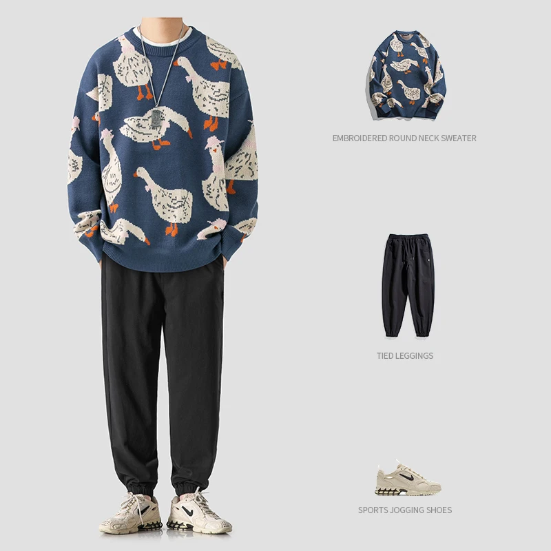 Japanese Knitted Sweater Men Cartoon Animal Duck Goose Print Pullover Harajuku Casual O-neck Oversize Top Streetwear Unisex Fall
Japanese Knitted Sweater Men Cartoon Animal Duck Goose Print Pullover Harajuku Casual O-neck Oversize Top Streetwear Unisex Fall