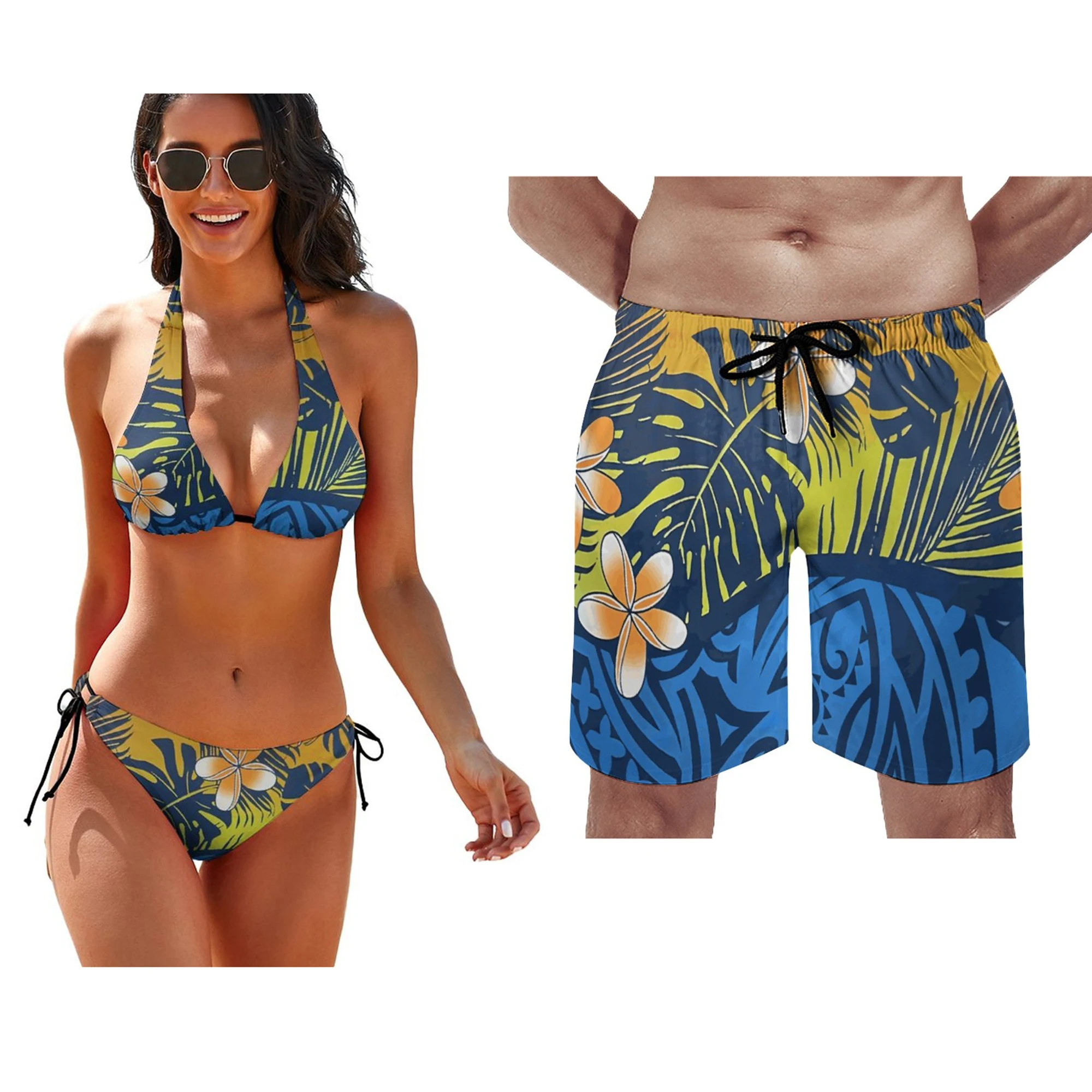 

Полинезийский пляжный костюм для пары, индивидуальный узор, 2023, новейший дизайн ремня, пляжный бассейн, бикини вечеринка, купальник, шорты