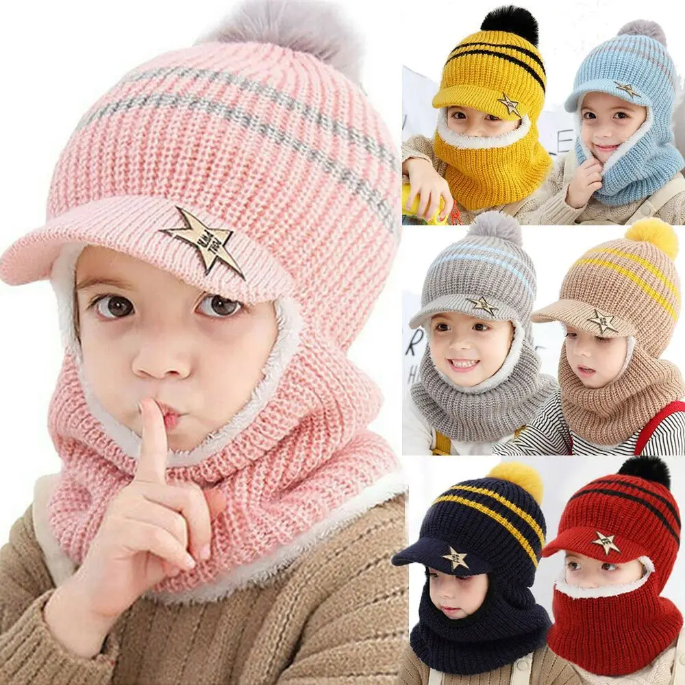 

Outdoor Balaclava Hat Scarf Ear Protection Cap Knitted Cap Fleece Lining Baseball Caps Kids Beanie Hats Hooded Scarf Earflap