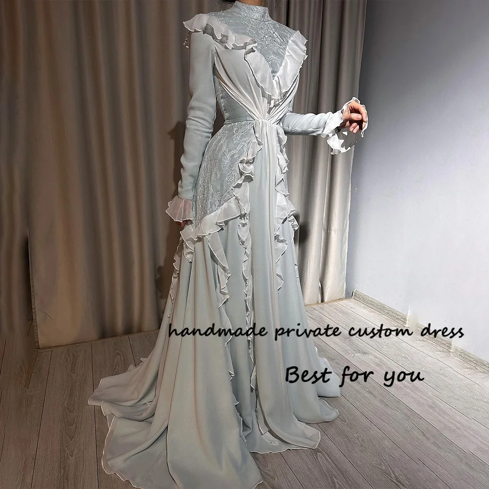 

Бледно - голубое платье русалки вечернее платье с длинными рукавами высокий воротник кружевное прядение аравийское платье для бала в Дубае и платье для поезда