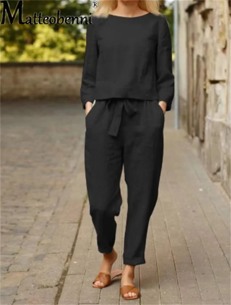 Vintage Simple Style Linen Suit Female O Neck Long Sleeve Tops Women's Sets Elastic Waist Lace-up Nine-point Pants Two-piece New
Vintage Simple Style Linen Suit Female O Neck Long Sleeve Tops Women's Sets Elastic Waist Lace-up Nine-point Pants Two-piece New