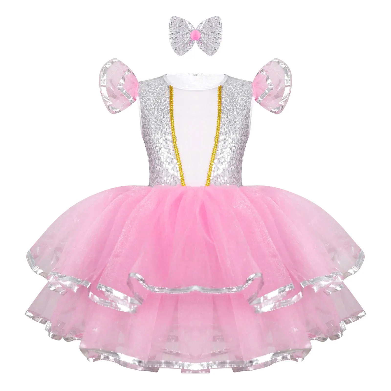 

Kids Girls Sparkly Sequin Tutu Dress Ruffle Sleeve Dresses with Bowknot Hair Clip for Birthday Wedding Party Performance Costume