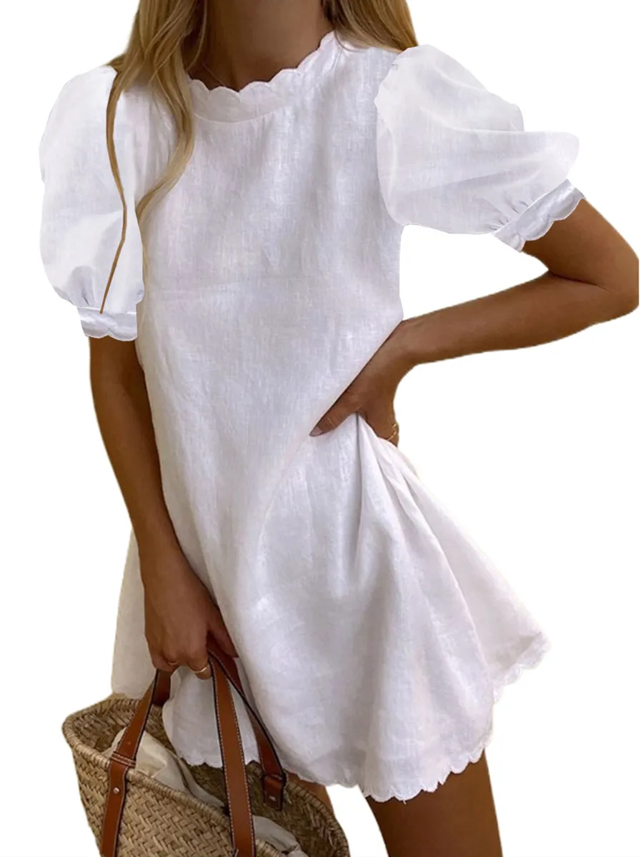 

Women Summer Mini Casual Dress White Short Puff Sleeve Crewneck Ruffle Hem Back Zipper Short Dresses for Daily Life