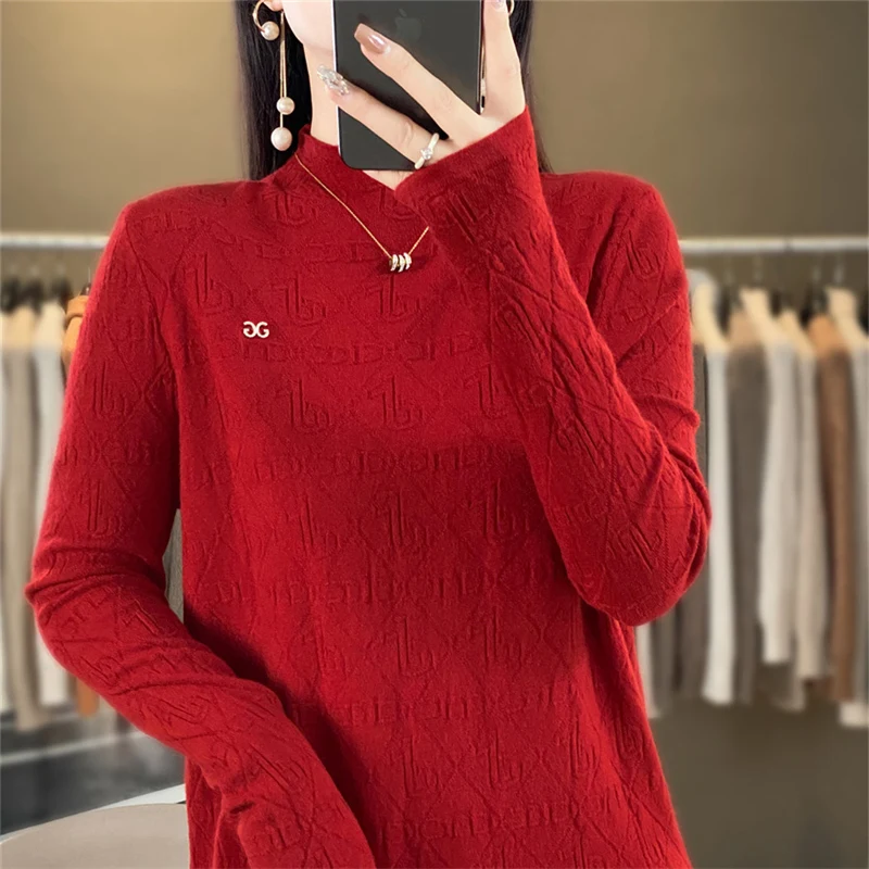 

Women's boutique semi high neck sweater autumn and winter knitted cashmere sweater Women's solid color pullover long sleeved top