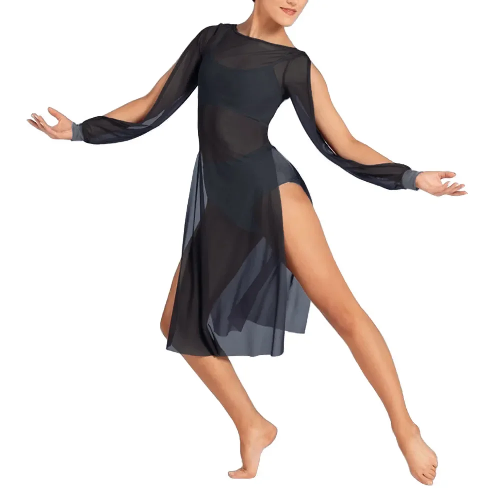 

MiDee Mesh Puff Sleeve Dress Women Sexy See-through Boat Neck High Split Skirt Girls Modern Ballet Belly Dance Stage Costume