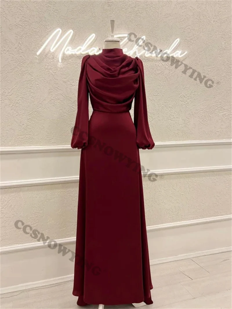 

Burgundy Satin High Neck Muslim Evening Dresses Islamic Long Sleeve Formal Party Gown Arabic Dubai Women Robes De Soirée