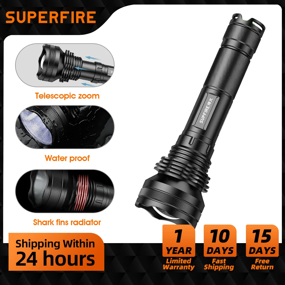 

SUPERFIRE 36W 10400mA Super Bright LED Rechargeable Flashlight The Most powerfull ZOOM Flash light Long Short Torch
