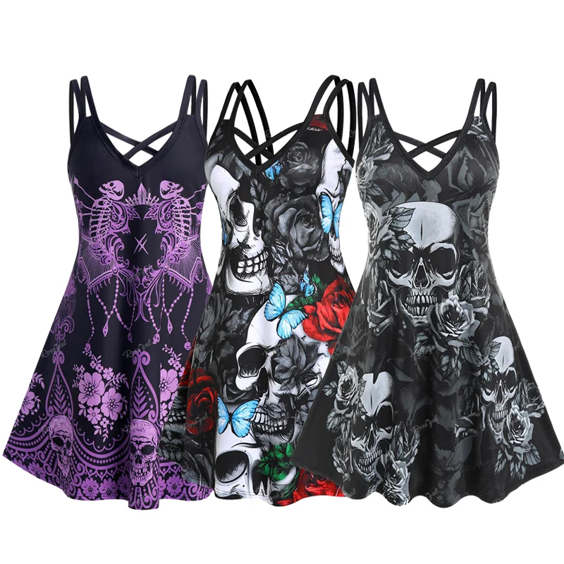 

ROSEGAL Halloween 3D Printed Dresses Plus Size Crisscross Skull Print Dress Summer Casual Sleeveless Vestidos 5XL