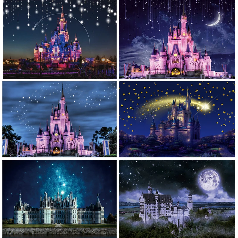

Night Castle Photography Backdrop Banner Princess Palace Decoration for Birthday Party Nightscape Photo Background Stars Moon