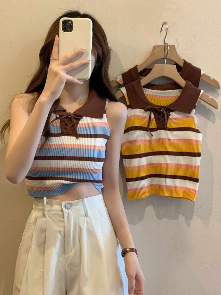 Vintage Striped Y2k Tank Tops Women Summer New Slim Polo Collar Bandage Sleeveless Knitted Top Female
Vintage Striped Y2k Tank Tops Women Summer New Slim Polo Collar Bandage Sleeveless Knitted Top Female