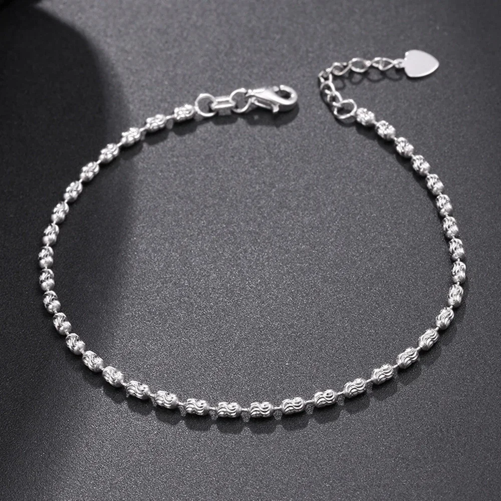 

Real Pure Platinum 950 Chain Women Lucky Gift1.5mm Carved Beads Link Bracelet 2.8-3g