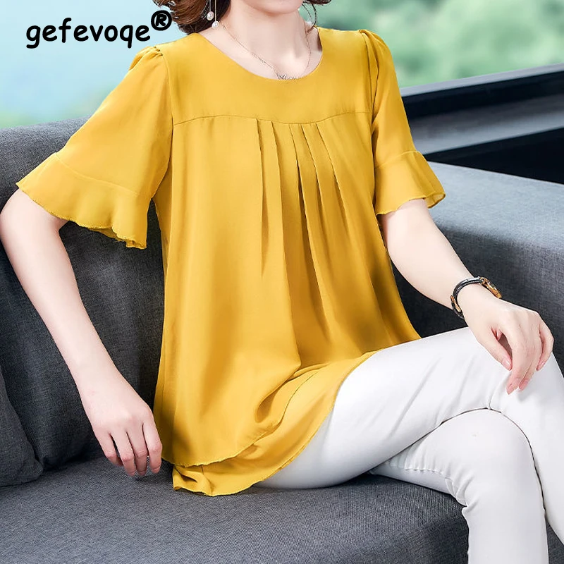 

Summer Women Chiffon Solid Color Elegant Fashion Blouses Short Sleeve O-Neck Loose Casual Lady New Shirt Tunic Top Blusas Female