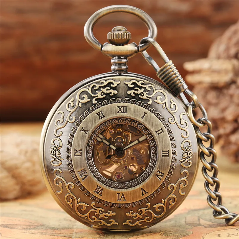 

Steampunk Pocket Watch Lot Men Women Automatic Mechanical Clock Skeleton FOB Chain Roman Number Luminous Hands Half Hunter Gift