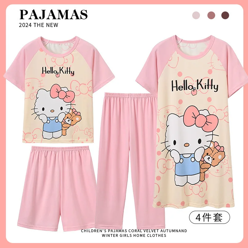 

2024 New Hello Kitty Y2K 4Pcs Children Pajamas Sanrio Kawaii Anime My Melody Cinnamoroll Kuromi Short Sleeve Girl Heart Kid Gift