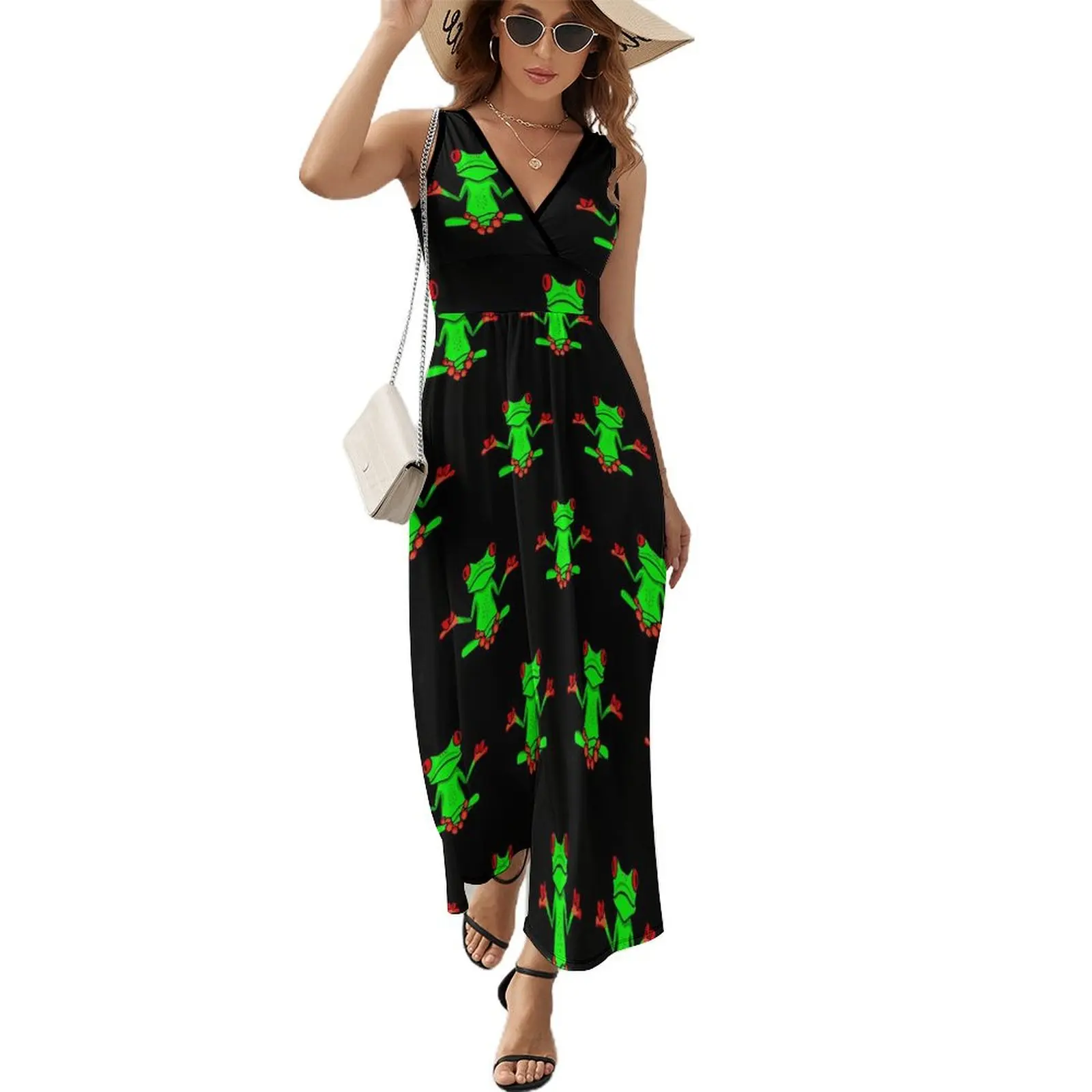 

Zen Tree Frog Dress Summer Cute Animal Street Fashion Bohemia Long Dresses Female High Waist Design Modern Maxi Dress