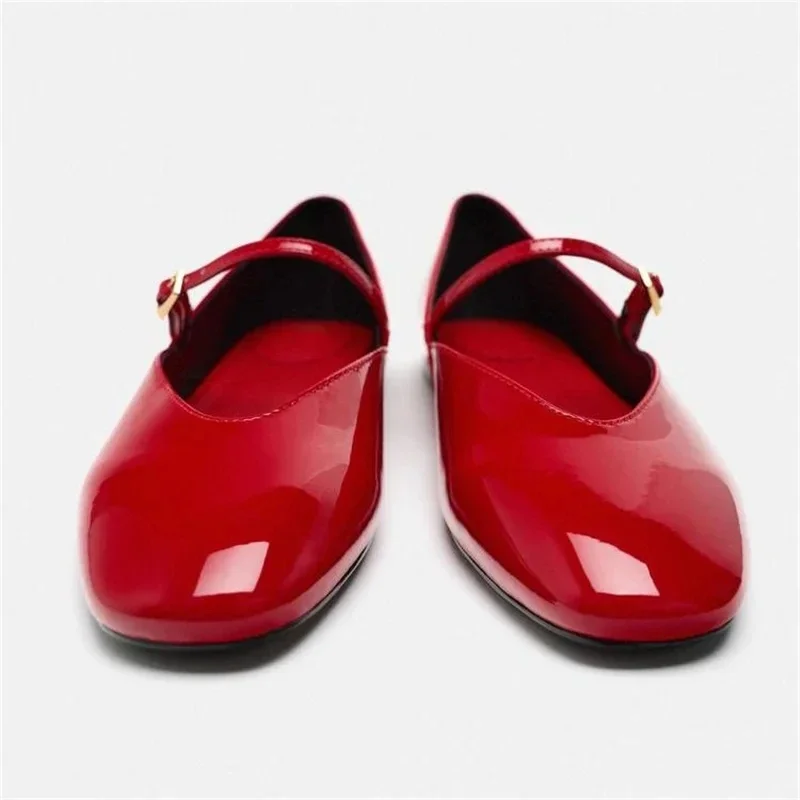 Woman Red Mary Jane Shoes 2024 Summer Chic Faux Patent Leather Flats Womens Fashion Round Toe Buckle Strap Single Shoes Woman Red Mary Jane Shoes 2024 Summer Chic Faux Patent Leather Flats Womens Fashion Round Toe Buckle Strap Single Shoes