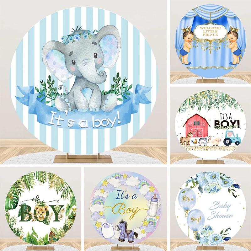 

Its a Boy Baby Shower Elephant Round Backdrop Cover 1st Birthday Party Decorations One Year Boy Circle Photo Background Cloth