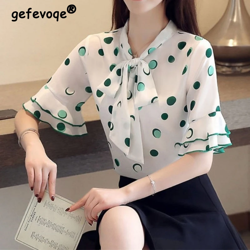 Summer Chiffon Elegant Bow-knot Shirt 2022 Fashion Women's Short Sleeve Polka Dot Top Spring Casual Ruffles Oversize 4XL Blouse
Summer Chiffon Elegant Bow-knot Shirt 2022 Fashion Women's Short Sleeve Polka Dot Top Spring Casual Ruffles Oversize 4XL Blouse