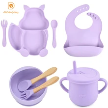 

8PCS/Set Baby Silicone Sucker Bowl Plate Cup Bibs Spoon Fork Sets Children Non-slip Tableware Set Baby Feeding Dishes BPA Free